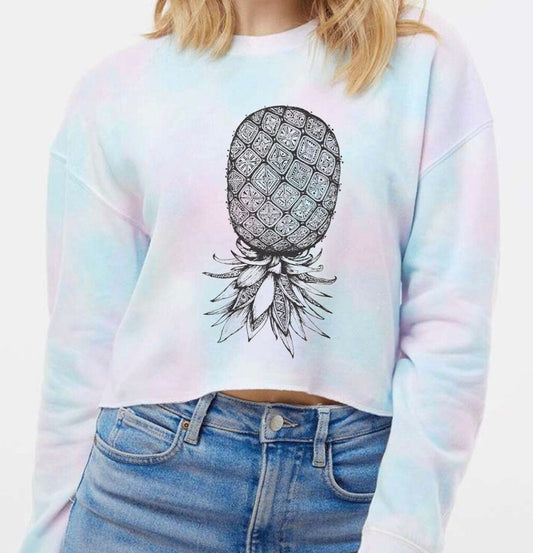 Upside Down Pineapple Tribal Crop Top Crewneck Sweatshirt, Swinger Lifestyle, Pineapple Tops, Gender Neutral, Pineapple Graphic Prints
